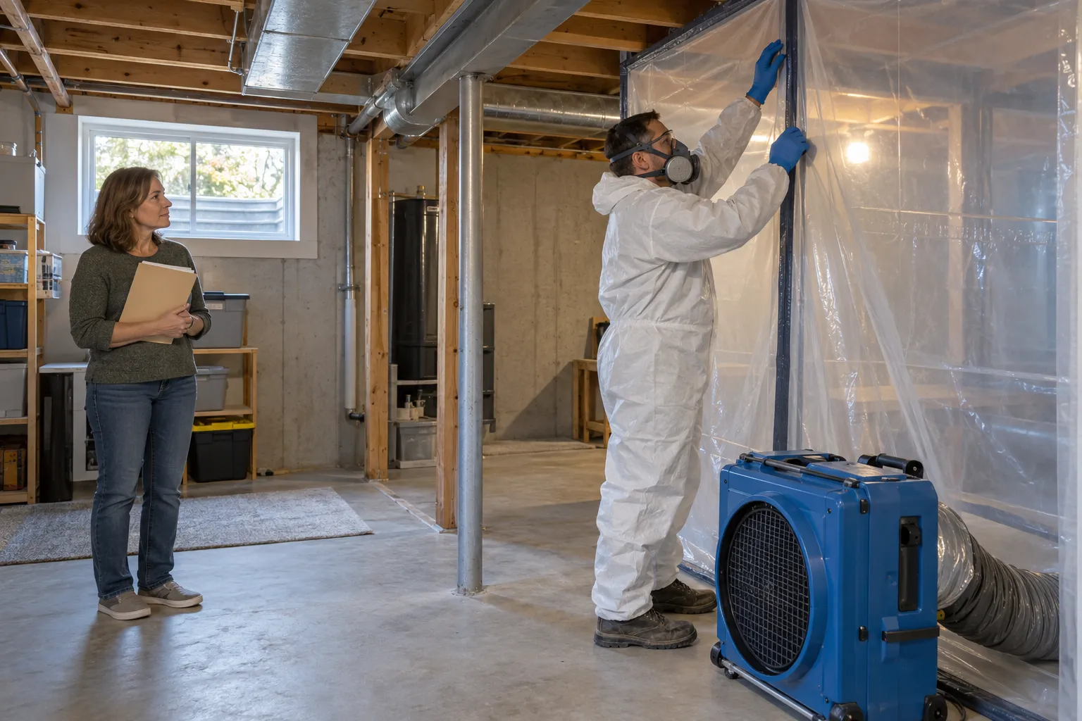 A local provider setting up containment sheeting in a home in Denver during residential mold remediation